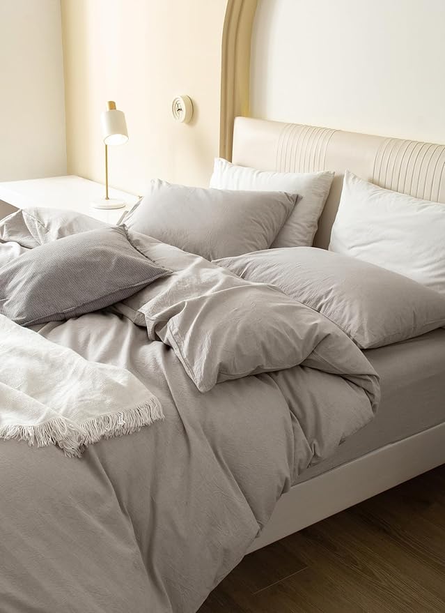 JIYUAN 100% Washed Cotton Duvet Cover Set 2 Pieces Twin, 1 Duvet Cover 68x90 Inches(Comforter Not Included) and 1 Pillowcases,Linen Feel Bedding Set Comfy and Breathable, Heathered Cream Grey