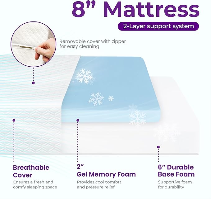 GAESTE 8 Inch Queen Cooling Gel Memory Foam Mattress for Cool Sleep Medium Firm CertiPUR-US Certified Foam, Mattress in a Box Pressure Relief Removable Cover No Fiberglass (Queen, 8 in)