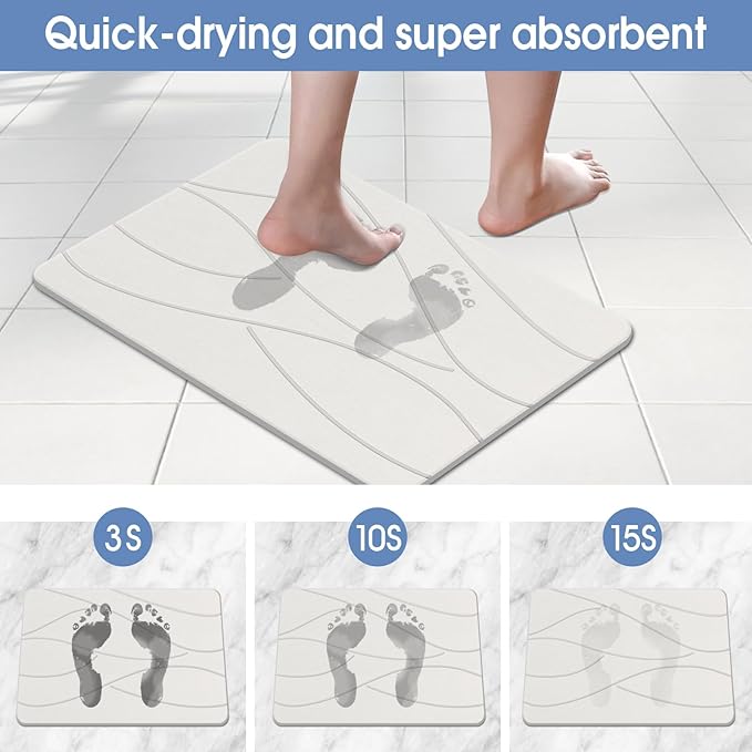 Stone Bath Mat Diatomaceous Earth Shower Mat Non-Slip Super Absorbent Diatomite Stone Bath Mats for Bathroom Floor Quick Drying Natural Easy to Clean(23.6''×15.4" White)