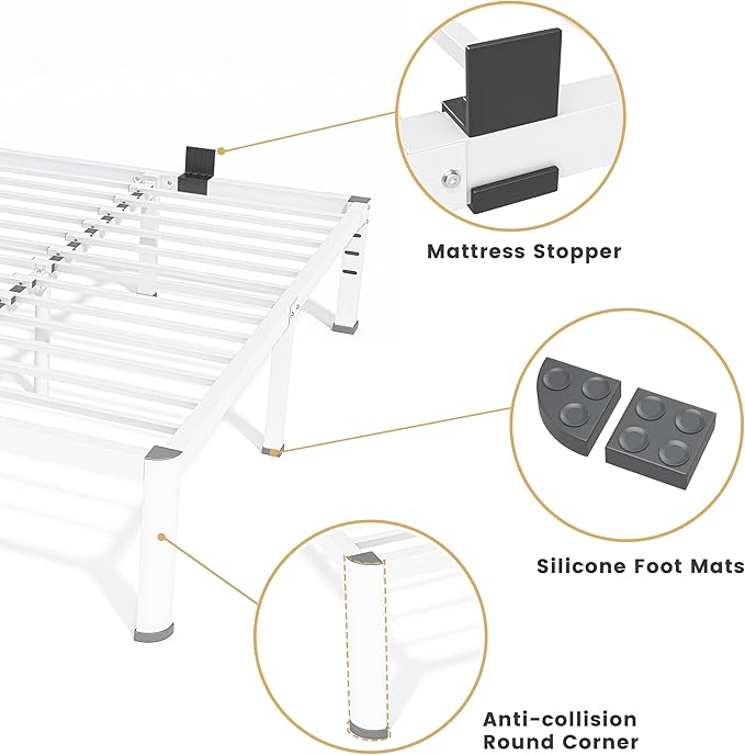 18 Inch Full Size Metal Bed Frame with Round Corners, Storage Space Under High Bed Frame-Heavy Duty Steel Slats Support, Noise Free - Easy Assembly - No Box Spring Needed,White