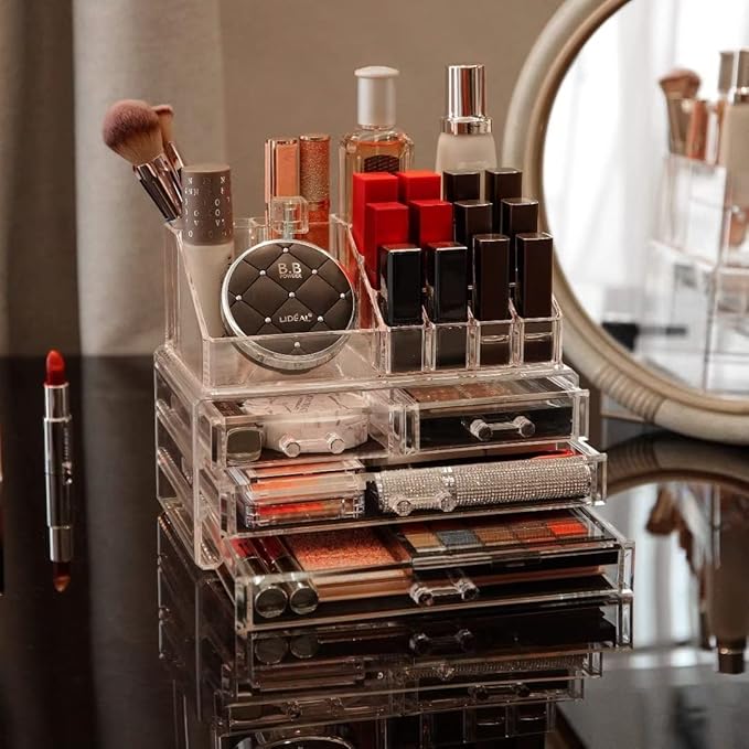 Cq acrylic Clear Make Up Organizer Countertop,Small 4 Drawers Cosmetic Storage,Cute Vanity Skincare Organizers for Jewelry,Lipstick,Makeup Brush,Beauty Product Desk and Bathroom Organizers and Storage