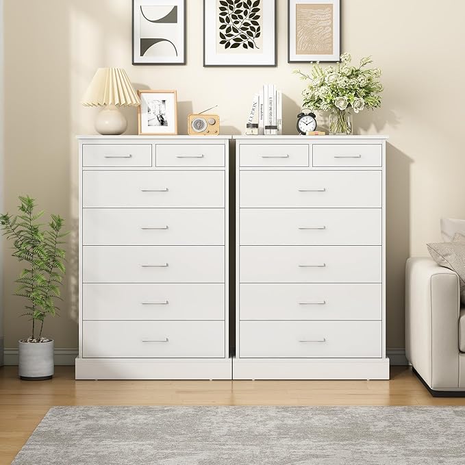EPHEX White Tall Dresser with 7 Drawers for Bedroom, Storage Tower Clothes Organizer, Modern Chest of Drawers with Sturdy Pedestal, 27.6'' W x 15.8'' D x 44.1'' H