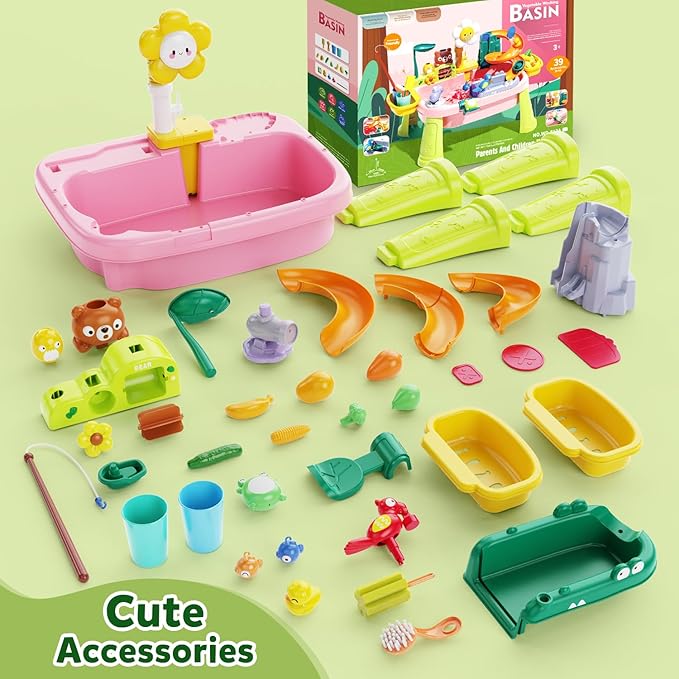 Toddler Water Table, Kids 4-8 Years Water Table with Pump, Sensory Table with Toy Vegetables, Dinnerware and Fishing Game, Outdoor Toys Summer Beach, for 3 4 5 6 7 8