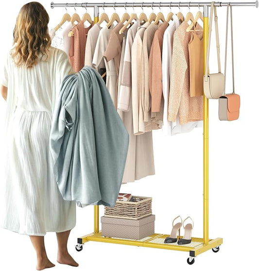 JIUYOTREE Rolling Clothes Rack with Dense Mesh Storage Shelf Clothing Garment Rack with Wheels Width Adjustable Clothing Organizer for Hanging Clothes Shirts Pants Skirts and Bags Gold
