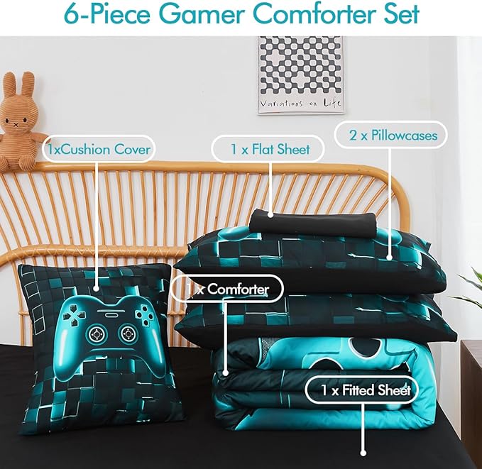 PERFEMET 6-Piece Boys Gamer Comforter Set Queen Size Teal Blue Video Game Controller Bedding Set with Sheets Lightweight 3D Black Gaming Pattern Bed in a Bag for Kids Teen(Teal, Queen)