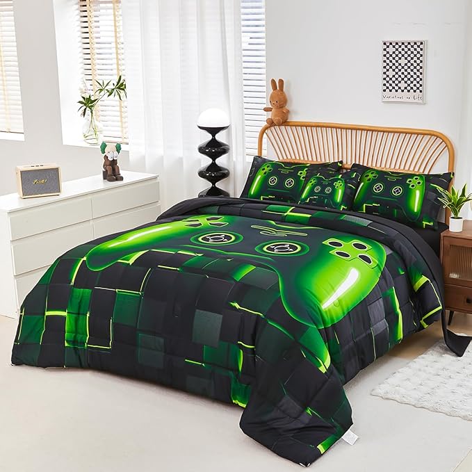 PERFEMET 6 Pcs Full Size Gamer Comforter Set Boys Green Game Console Bedding Set for Kids Teen 3D Black Video Gaming Pattern Bed in A Bag for All Seasons(Green, Full)