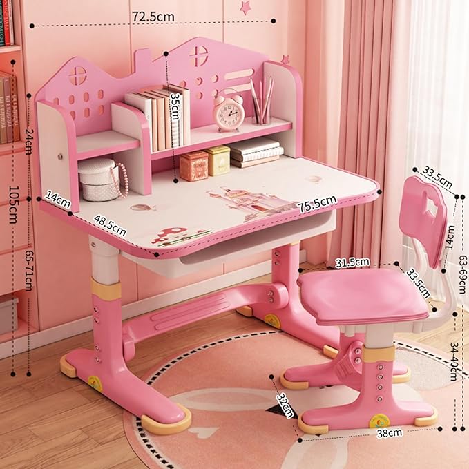 Children Learning Desk and Chair Set Pink Desk Set Height Adjustable with Drawers and Storage Compartments Curved Desktop Cartoon Learning Desks and Chairs Reading/Learning/Writing for Girls (Pink B)