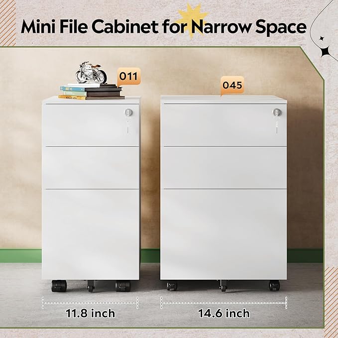 DEVAISE White File Cabinet, Small Filing Cabinet with 3 Drawers with Slim Width for Home Office, Rolling Under Desk Storage (11.8 inch)