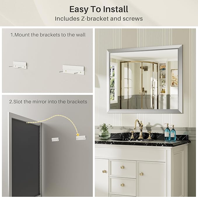 55x30 Inch Silver Bathroom Mirror for Wall, Thick Metal Framed Rectangle Mirrors for Over Sink, Bedroom, Living Room, Entryway, Anti-Rust, HD Tempered Glass