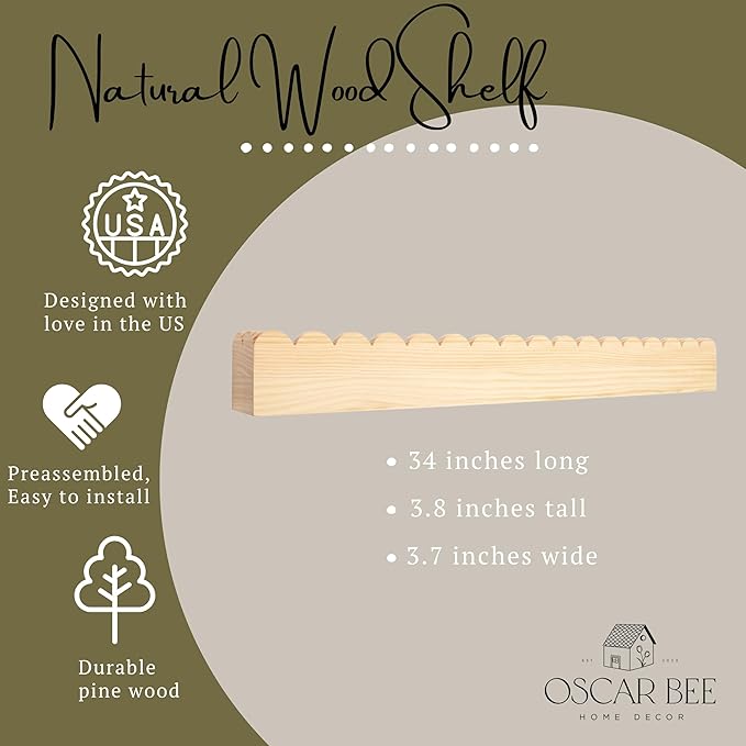 Scalloped Pine Bookshelf for Kids | Preassembled Montessori Wall Shelf | Drop-Resistant, Easy Install, 34" Wide, Nursery & Toddler Room Organizer