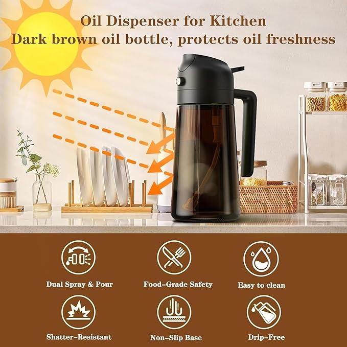 Kitchen Upgraded Made Oil Sprayer for Cooking, Dark Brown 2 in 1 Spray and Pour Mist Olive Oil Dispenser 16oz 470ml Glass Oil Spray Bottle, Air Fryer (White + Black)