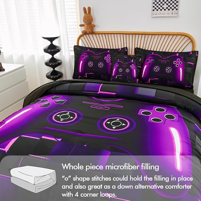 PERFEMET 6 Pieces Bed in A Bag Gamer Comforter Set Full Size Purple Gaming Bedding Set for Boys Kids Teen Soft Lightweight Video Game Black Quilt Bedspread Set(Purple, Full)