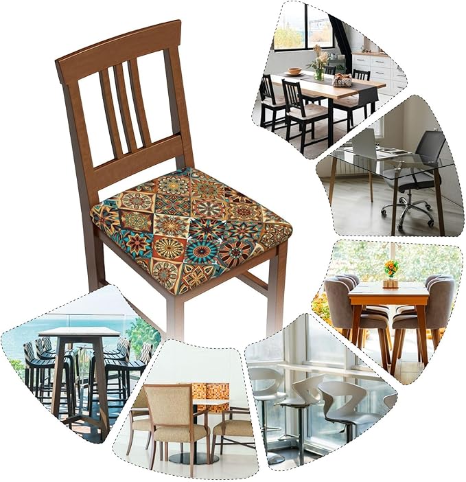 Seat Covers for Dining Room Chairsset of Set of 4, Colorful Vintage Bohemian Boho Mandala Floral Stretch Chair Seat Covers Cushion Slipcovers for Kitchen Office
