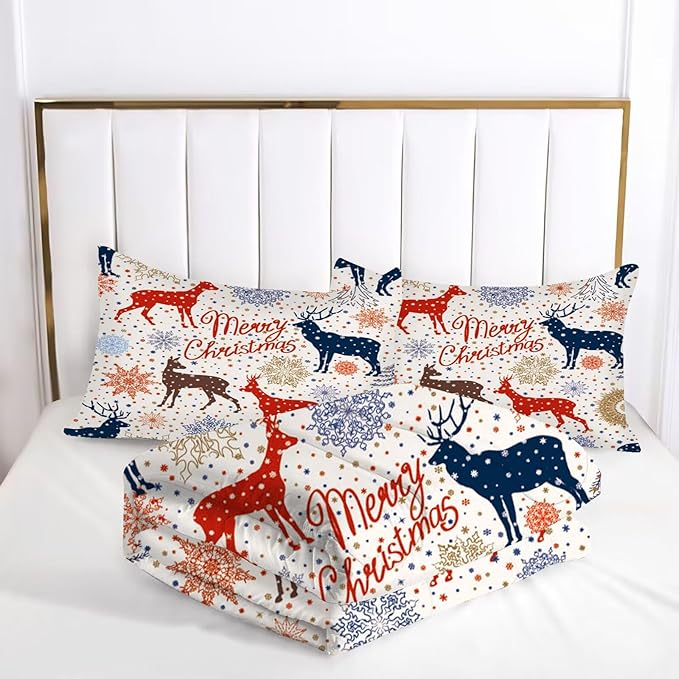 Beige Christmas Comforter Set King Size for Kids, Cartoon Reindeer and Snowflake Print Bedding Set, Cute Xmas Bed Set for Home Decor with 1 Comforter and 2 Pillowcases