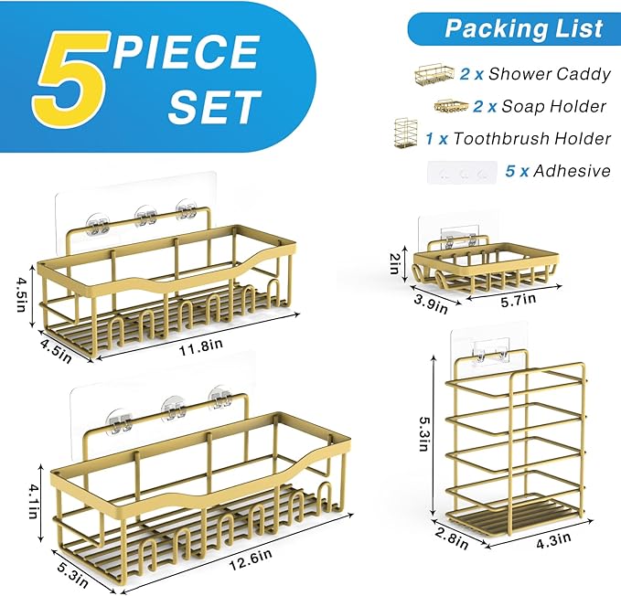 5-Pack Rustproof Stainless Steel Shower Caddy – No Drill Adhesive Bathroom Organizer with Large Capacity, Spacious Shower Shelves for Inside Shower, Kitchen & Home Decor Storage-XL Size