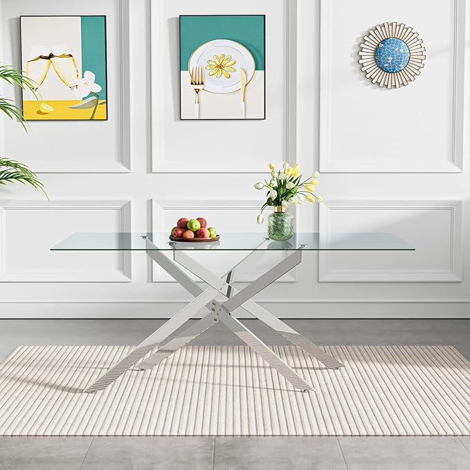 60.6'' Tempered Glass Dining Table for 4-6 People, Rectangle Kitchen Table with X-Base Metal Legs, Adjustable Feet, Glass Top Desk for Home Office Silver Dining Room Table for 6