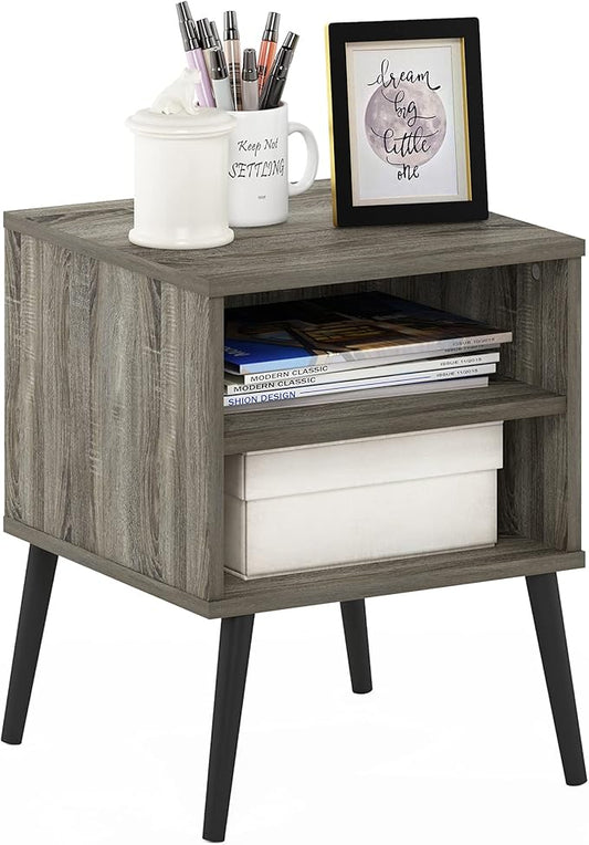 Furinno Claude Mid Century Style End Table with Wood Legs, French Oak Grey