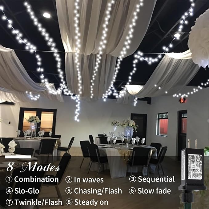 QITONG 165ft 500 LED White String Lights Outdoor Waterproof, 8 Modes Christmas Light Plug-in, Clear Wire Christmas Tree Light Indoor