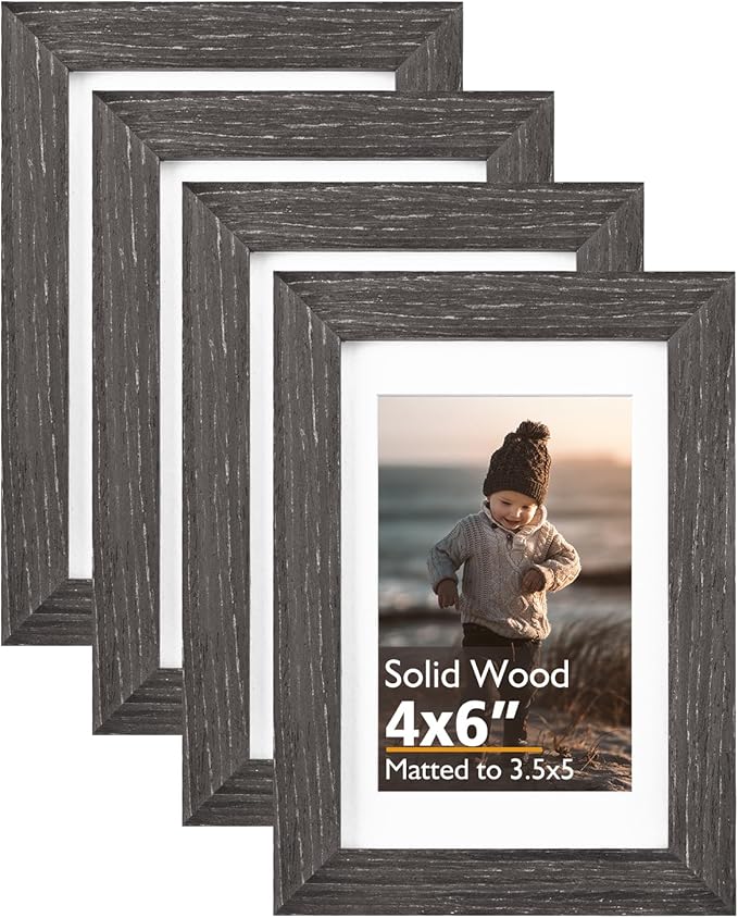 KINLINK 4x6 Picture Frame Ash Black, Solid Wood Frames with Acrylic Plexiglass for 3.5x5 with Mat or 4x6 without Mat, Tabletop and Wall Display Photo Frame, Set of 4
