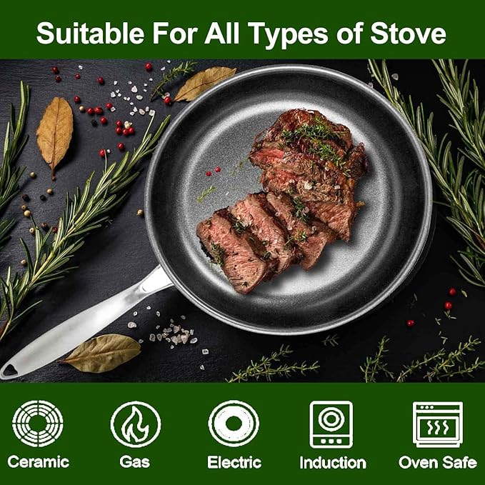 AUDANNE Nonstick Frying Pan Set Stainless Steel with Lid 6 Piece, 8 inch &10 inch & 12 inch Non Stick Fry Skillet PFOA Free, Oven Safe Non-stick Teflon Coated Induction Cooking Kichen Cookware
