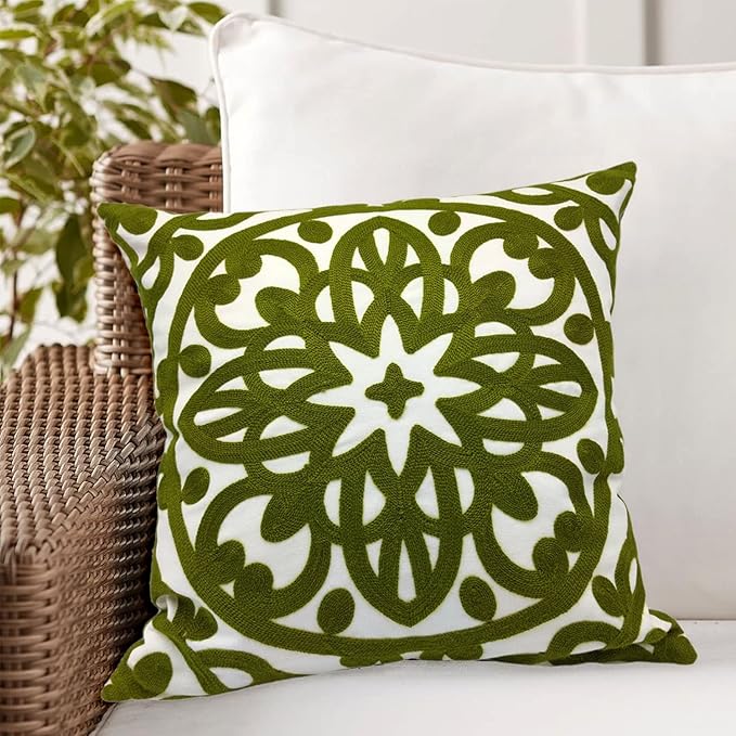 Alysheer Embroidered Decorative Throw Pillow Cover 20"x 20", Boho Mandala Modern Thick Embroidery Pattern, Durable Cotton Canvas Soft Cushion Case for Sofa Couch Bed Living Room (Olive Green)