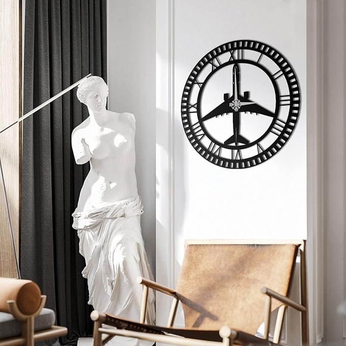 Metal Wall Clock | Airplane Silhouette Design | Roman Numerals | Silent Non-Ticking | Aviation Decor for Pilot, Traveler, Home, Office & Kids Room (29.5"x29.5")