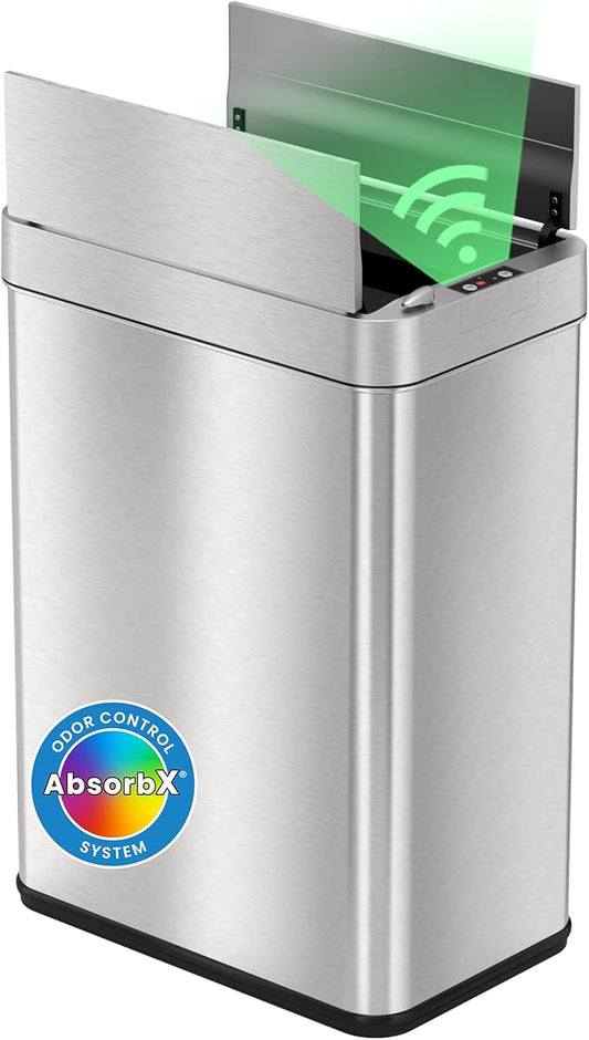 iTouchless 13 Gallon Wings-Open Kitchen Trash Can with Lid and Odor Filter, Dog Proof Stainless Steel Automatic TrashCan Garbage Bin for Home Office Work Bedroom Living Room Garage Slim Wastebasket