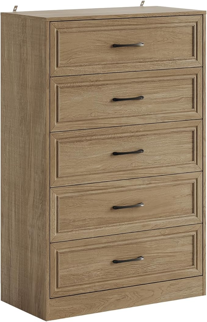 Fameill Dresser for Bedroom, 5 Drawer Tall Dresser Organizer, TV Stand for Livingroom, Chest of Drawers with Metal Handles, Oak