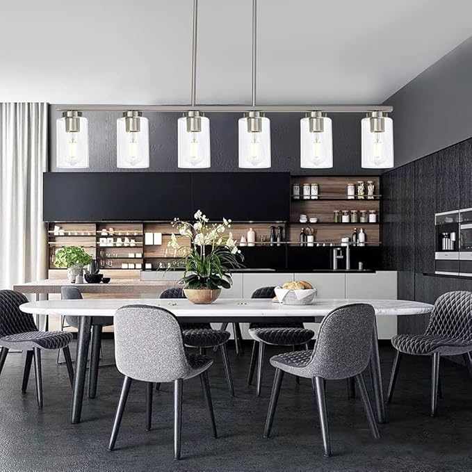 6-Light Kitchen Island Lighting with Clear Glass Shades, Modern Linear Pendant Light Fixture for Dining Room Pool Table, Brushed Nickel Finish