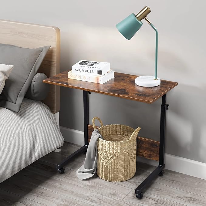 Goujxcy Sofa Side Table C Shaped End Table with Wheels, Rolling Bedside Laptop Table Snack Table TV Tray, Height Adjustable, Wooden Top & Metal Frame