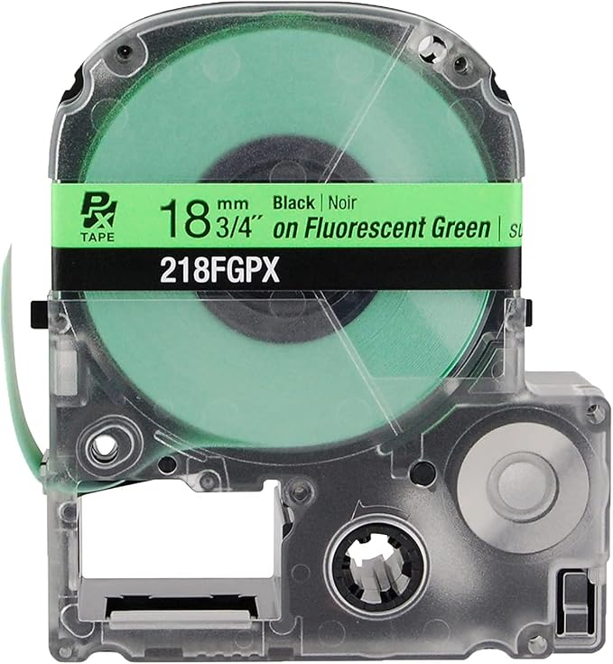 Epson LABELWORKS 218FGPX Genuine PET (Polyester) Tape Cartridge - Black on Fluorescent Green Label Maker Tape - 3/4" (18MM) Wide, 30'