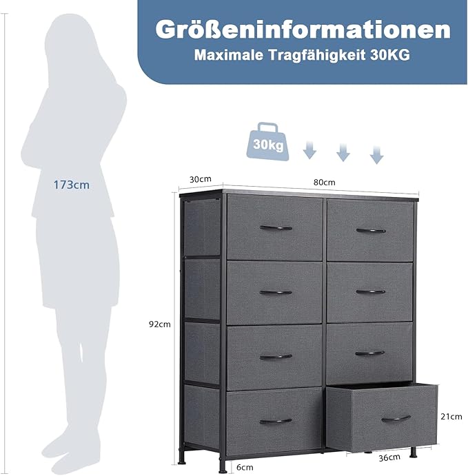 DUMOS Dresser for Bedroom with 8 Fabric Drawers, Tall Chest Organizer Units for Clothing, Closet, Kidsroom, Storage Tower with Cabinet, Metal Frame, Wooden Top, Lightweight Nursery Furniture, Grey