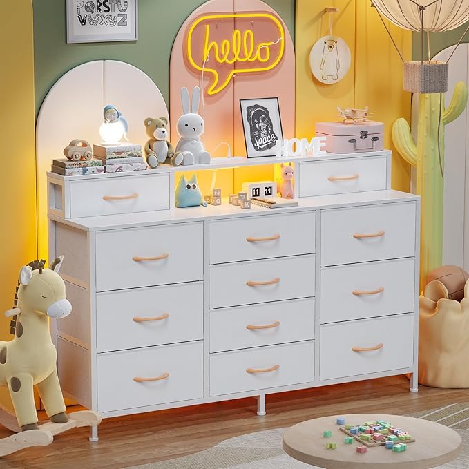 Furnulem White Dresser for Bedroom with LED Lights & Charging Station,55" Long Dressers & Chest of Drawers with 12 Storage Bins, Fabric Furniture for Closet,Hallway,2-Tier Shelf Wood Top,Metal Frame