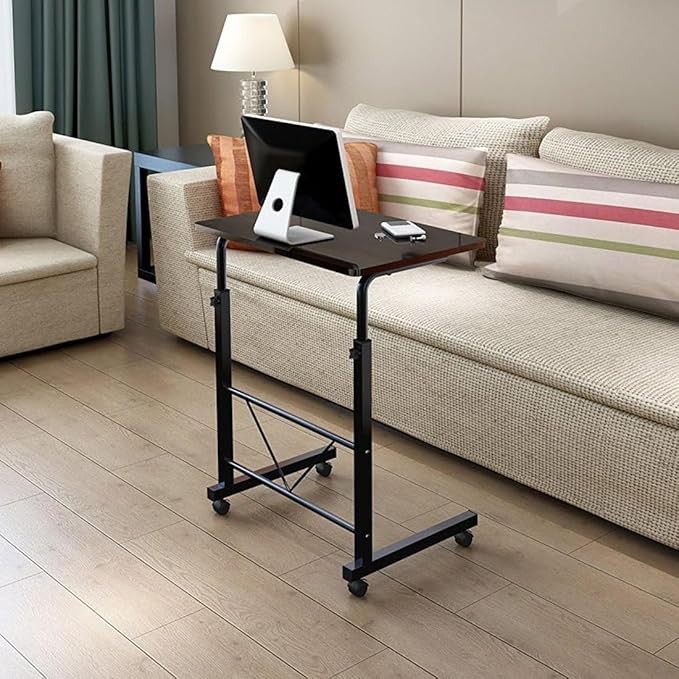 Goujxcy Sofa Side Table C Shaped End Table with Wheels, Black Rolling Bedside Laptop Table Snack Table TV Tray, Height Adjustable, Wooden Top & Metal Frame