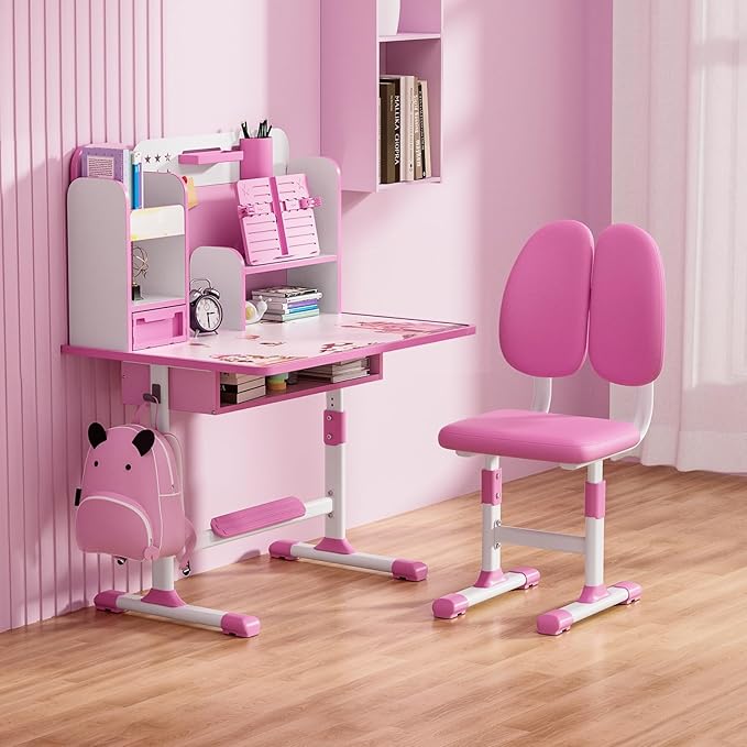 Kids Desk and Chair Set, Height Adjustable Kids Study Table and Chair Set, Children School Desk with Storage Drawer and Book Stand, Ergonomic Child Toddler Deskwith Sitting Posture Corrector (Pink 6)