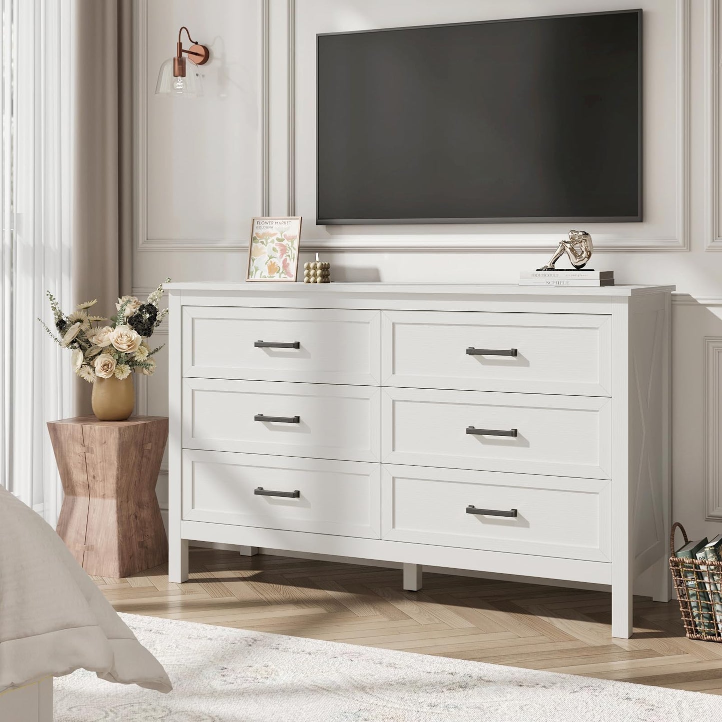 BAZELOR Farmhouse White 6 Drawers Dresser for Bedroom, Wood Rustic Wide Chest with Natural Texture, Storage Dressers Organizer for Bedroom, Hallway, Entryway