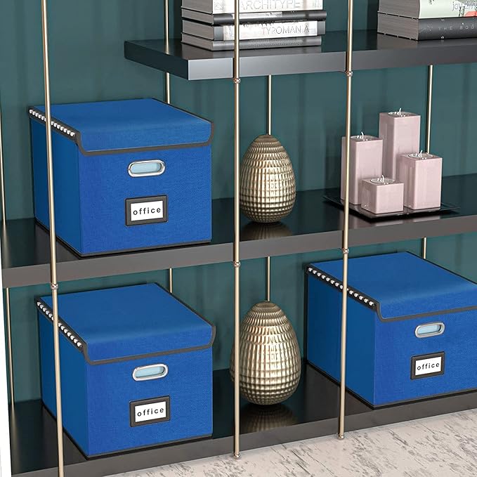 Huolewa Decorative File Organizer Boxes Office Document Storage with Lids, Portable Collapsible Linen Hanging Filing & Storage Boxes for Office/Decor/Home (Royal Blue) -14.9 x 12.7 x 10.8 inch -2 Pack