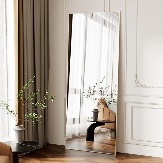 56"x15" Full Length Mirror, Gold Tempered Glass Rectangle Floor Standing Mirrors, Wall Mounted Hanging Aluminum Alloy Frame Bedroom Floor