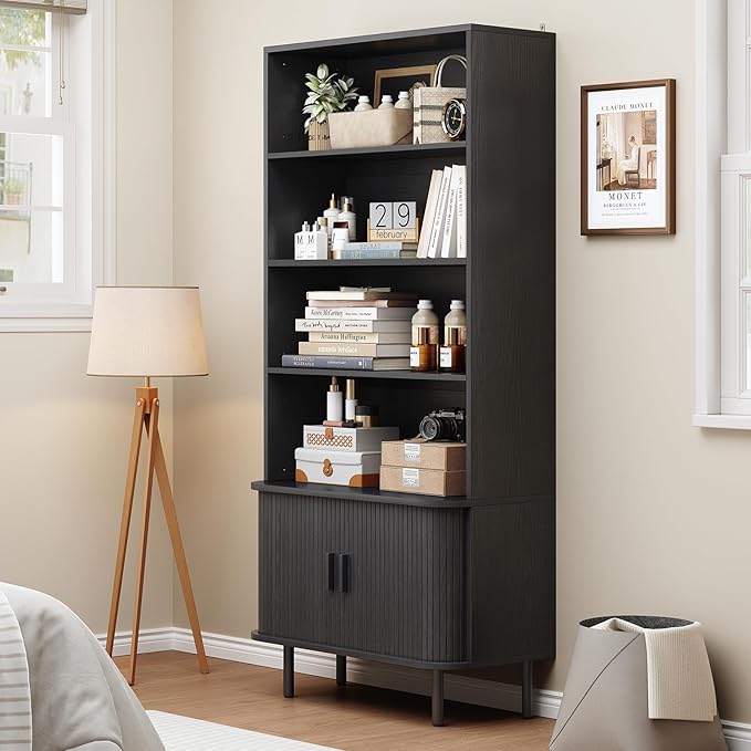 71" Tall Bookshelf, 4-Tier Bookcase with Storage Cabinet & Adjustable Shelves, Floor Standing Wooden Bookshelf with Sliding Door and Adjustable Footpad, for Home Office, Living Room, Black