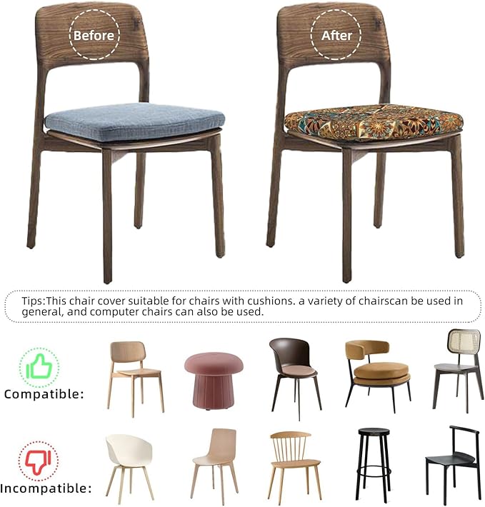 Colorful Vintage Bohemian Boho Mandala Floral Office Computer Chair Seat Covers Set of 1, Soft Stretch Rotating Desk Chair Seat Cushion Protectors