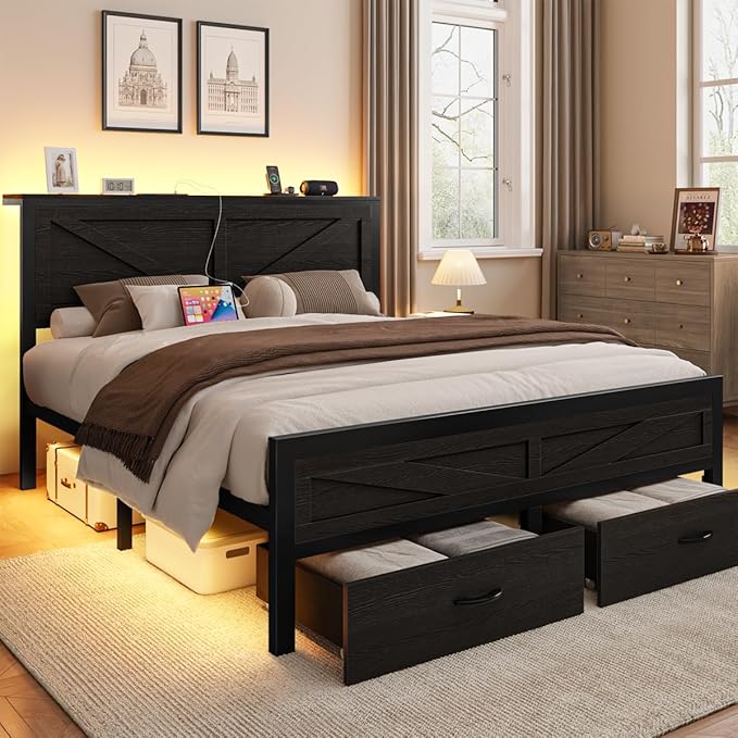 Rustic King Size Bed Frame with Storage Drawers and Barn Door Headboard, Farmhouse LED King Bed Frame with Charging Station, Metal Industrial Platform Bed Frames, No Box Spring Needed, Black