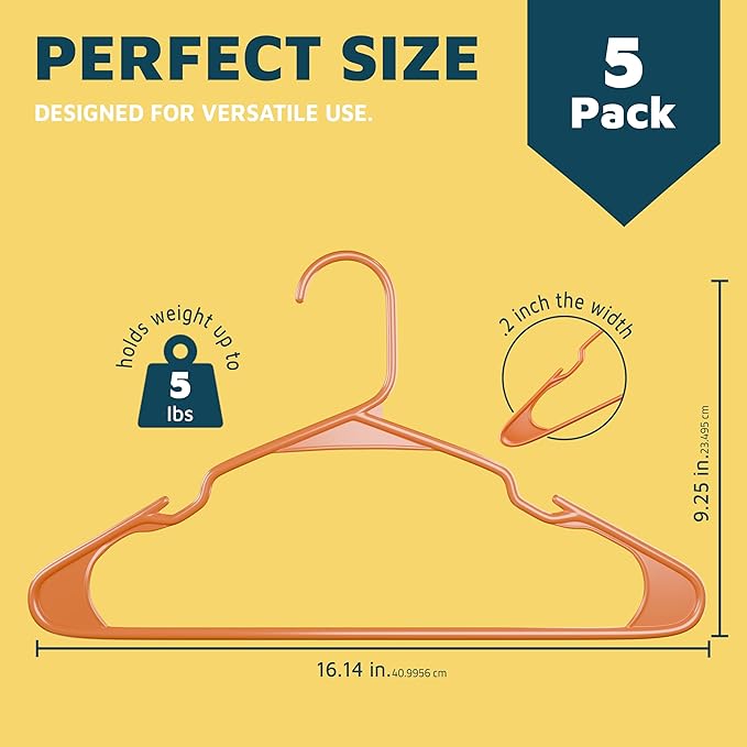 Plastic Clothes Hangers – Heavy Duty Hanger Set, for Organizing Clothes, Dresses, and Coat, Holds Up to 5 lbs, Space-Saving Hangers with Non-Slip Shoulder Grooves, Pack of 5, Orange
