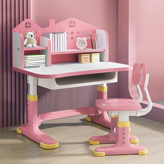 Kids Study Desk and Chair Set, Height Adjustable Kids School Desk, Cartoon Learning Desks, Kids Desk with Storage, Children Study Table with Storage, Castle Backboard, Bookshelf (Pink)