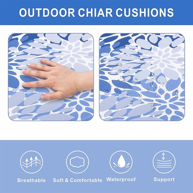 Outdoor Chair Cushions 19 x 19 Inch Set of 4 Water Resistant Seat Cushions with Ties, Outdoor Cushions for Patio Furniture with 3-Year Fade Resistant
