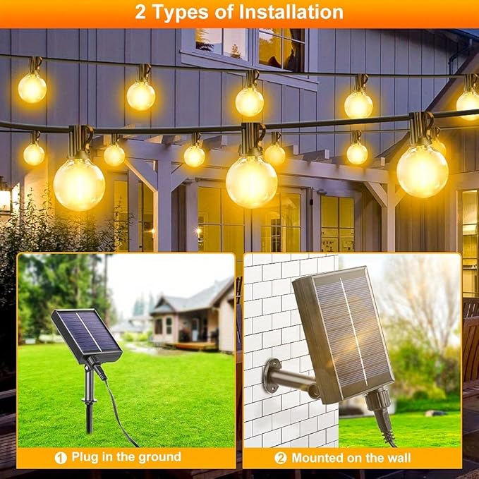 G40 Solar String Lights Outdoor with Remote 100 FT, USB & Solar Dual Charging, Waterproof, 8 Modes 3 Timers, 34+3 LED Shatterproof Bulbs, Dimmable Solar Light for Camping Backyard Bistro Porch Garden