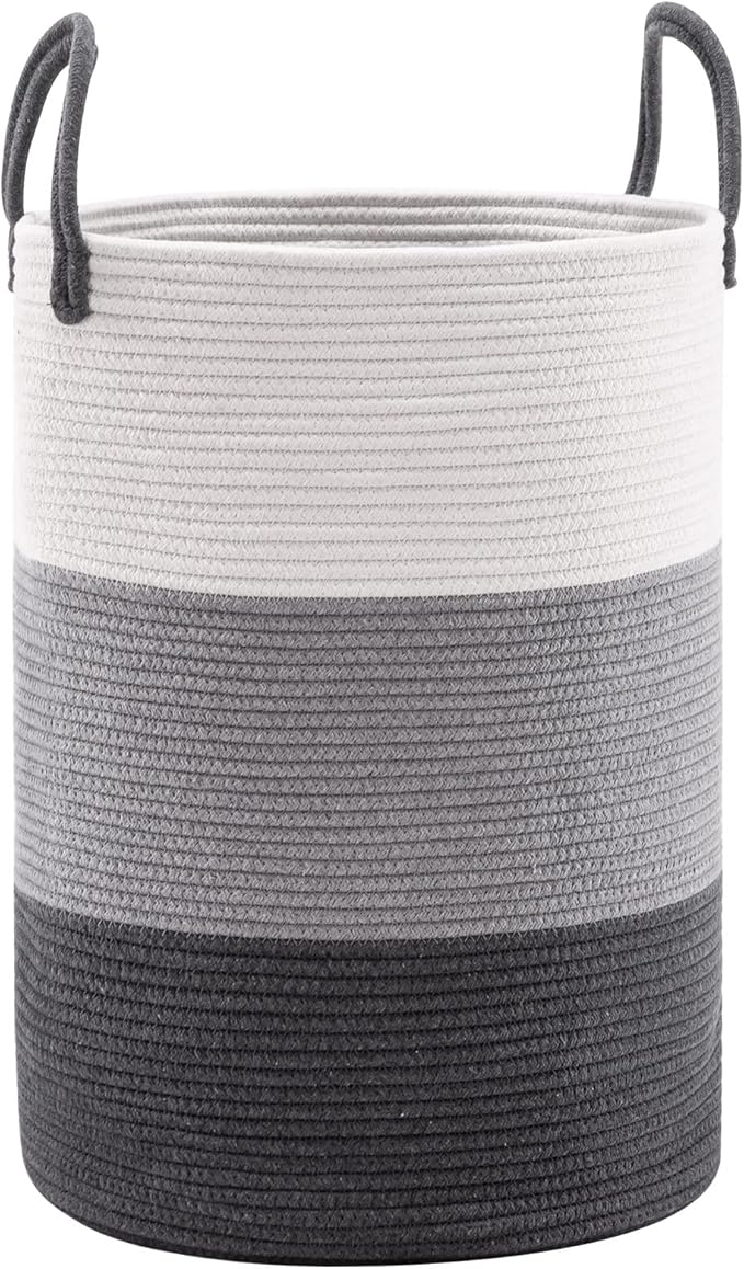 Woven Rope Laundry Hamper Basket, 58L Tall Luandry Basket, Baby Nursery Hamper for Blanket Storage, Clothes Hampers for Laundry in Bedroom-Large-Dark Grey