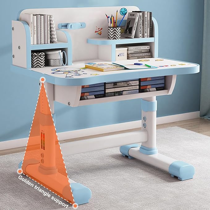 Kids Desk and Chair Set, Height Adjustable Kids Study Table and Chair Set, Children School Desk with Storage Drawer and Book Stand, Ergonomic Child Toddler Deskwith Sitting Posture Corrector (Pink 4)
