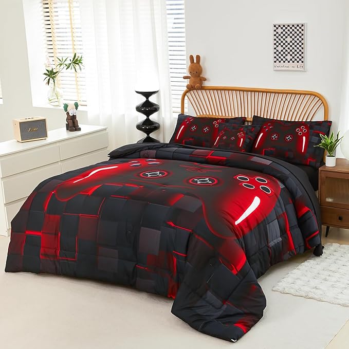 PERFEMET Boys Bedding Set Twin Size 6-Piece Game Console Comforter Set for Kids Teen 3D Black and Red Gamepad Gaming Bed in a Bag Matching Sheet Set(Red, Twin)