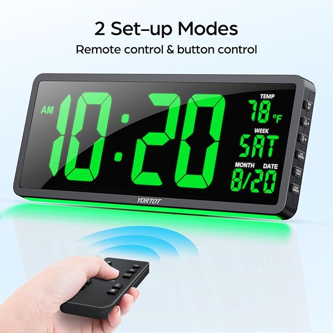 YORTOT 16” Large Digital Wall Clock with Remote Control and 7 Night Lights, 4 Level Dimmer, Super Easy to See, Big LED Clock with Indoor Temperature, Date, Perfect for Home, Office, Gym (Green)