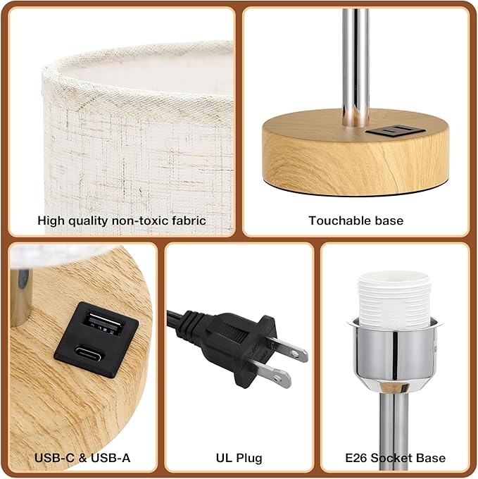 Touch Bedside Lamps Set of 2-3 Way Dimmable Table Lamps for Bedroom, Nightstand Lamp with Wooden Charging Station for Kids Room Dorm, Small Desk Lamp for Living Room, Office, Kids Room, Nursery